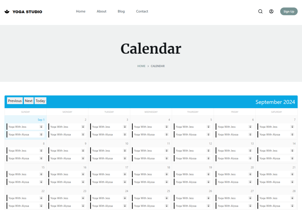 yoga studio website template with calendar & booking functionality