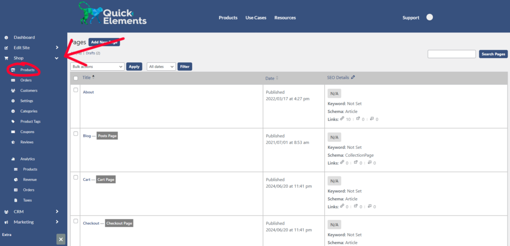 How to Edit Products in Quick Elements: Dashboard screenshot highlighting the Shop menu and Products option.