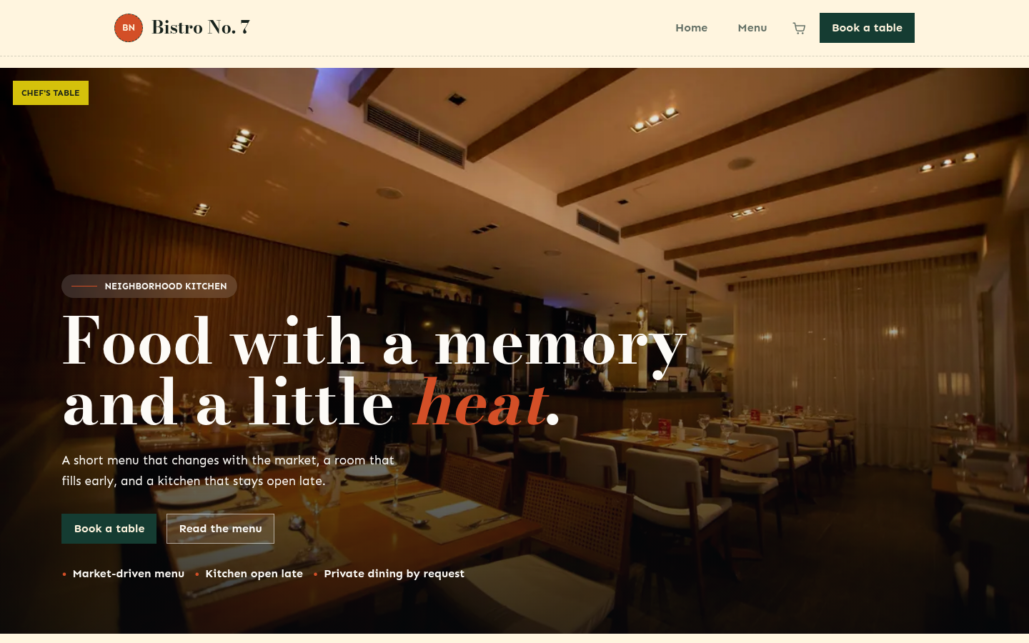 Screenshot of the Bistro template homepage