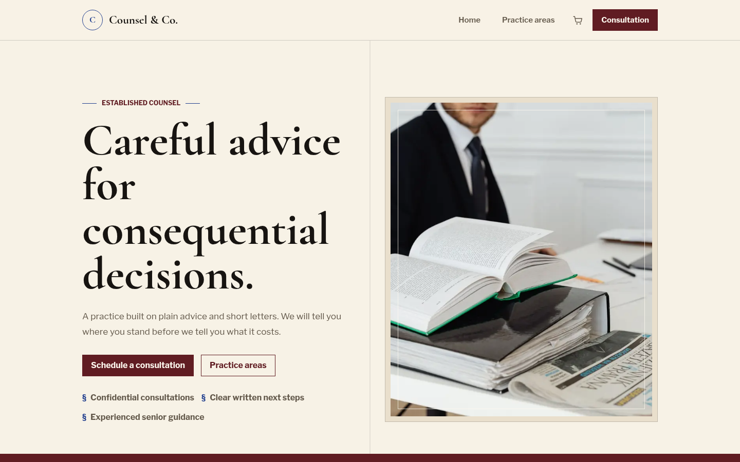 Screenshot of the Counsel template homepage